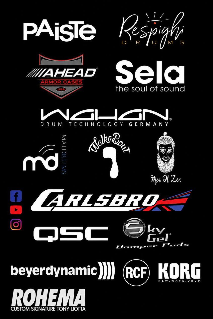 Tony Liotta endorsement partners: Paiste, Respighi Drums, Ahead Armor Cases, Sela, Wahan Drum Technology Germany, Maidrums, Walkabout, Men of Zen, Carlsbro, QSC, Sky Gel Damper Pads, beyerdynamic, RCF, Korg, Rohema Custom Signature Tony Liotta.